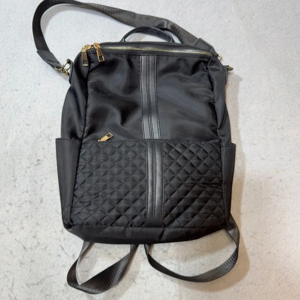 Black Quilted Nylon‎ Convertible Backpack Crossbody Bag Gold Hardware 13in